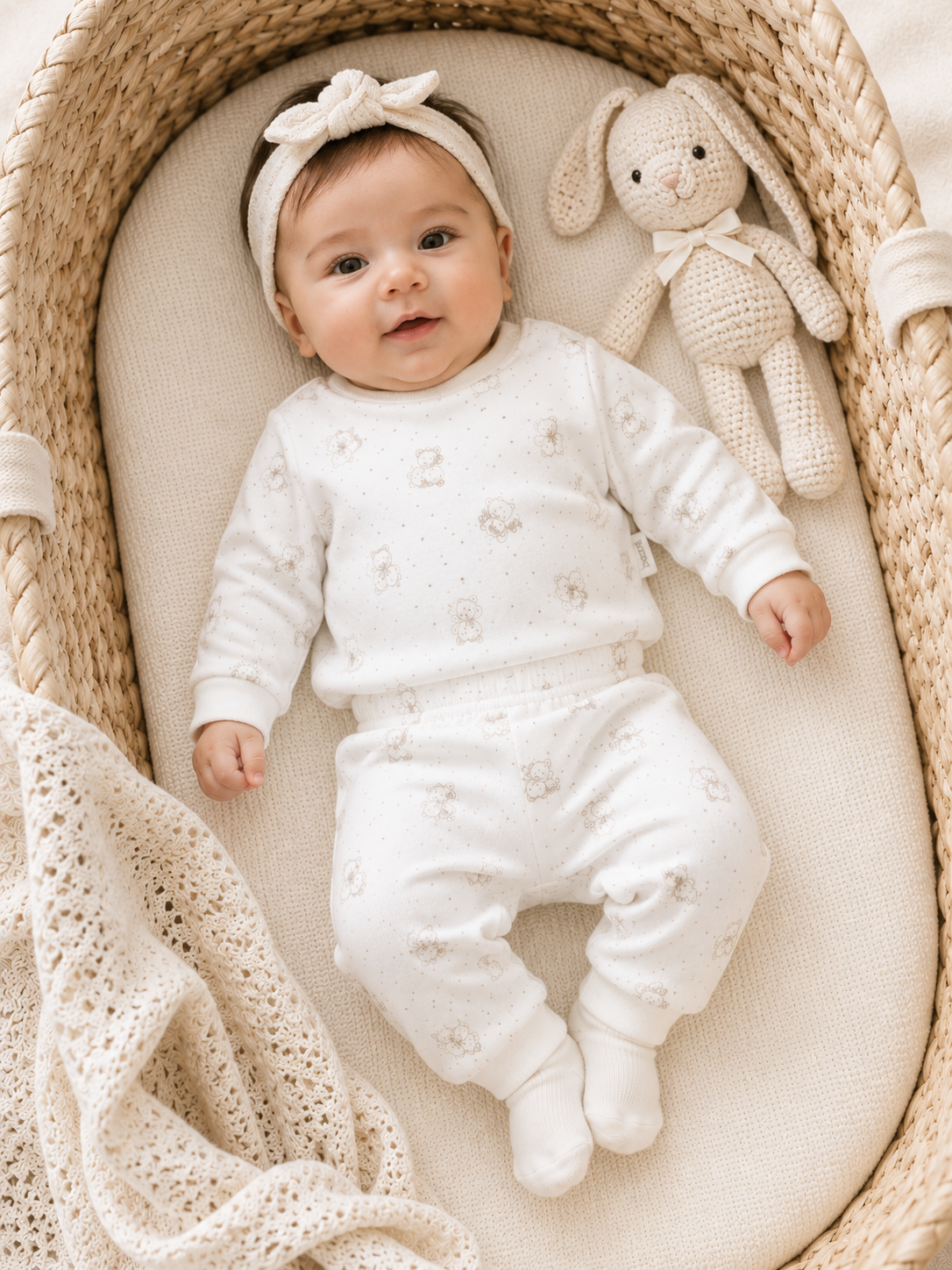 Ekru Ayıcık Desenli Bebek Takımı Uzun Kollu Üst ve Pantolon Pijama Takımı