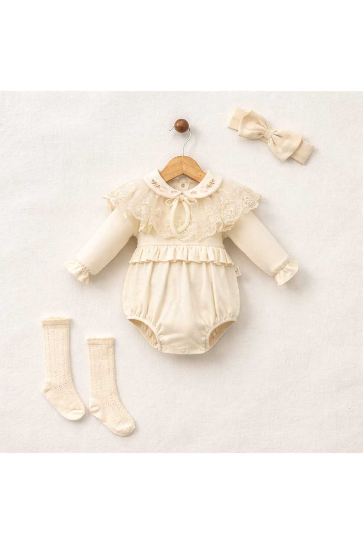 Luxury Soft Çıkarılabilir Dantelli Yaka Romper – Kız Bebek Tulum, %100 Pamuk