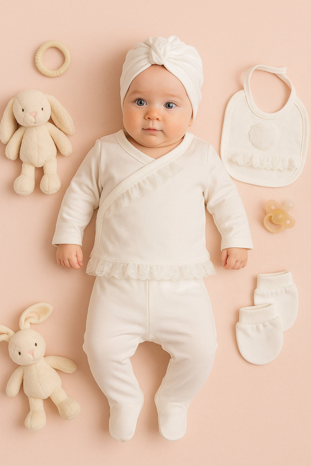 Lüks Dantelli 5’li Kız Bebek Hastane Çıkışı – %100 Pamuk Premium Set 0-3