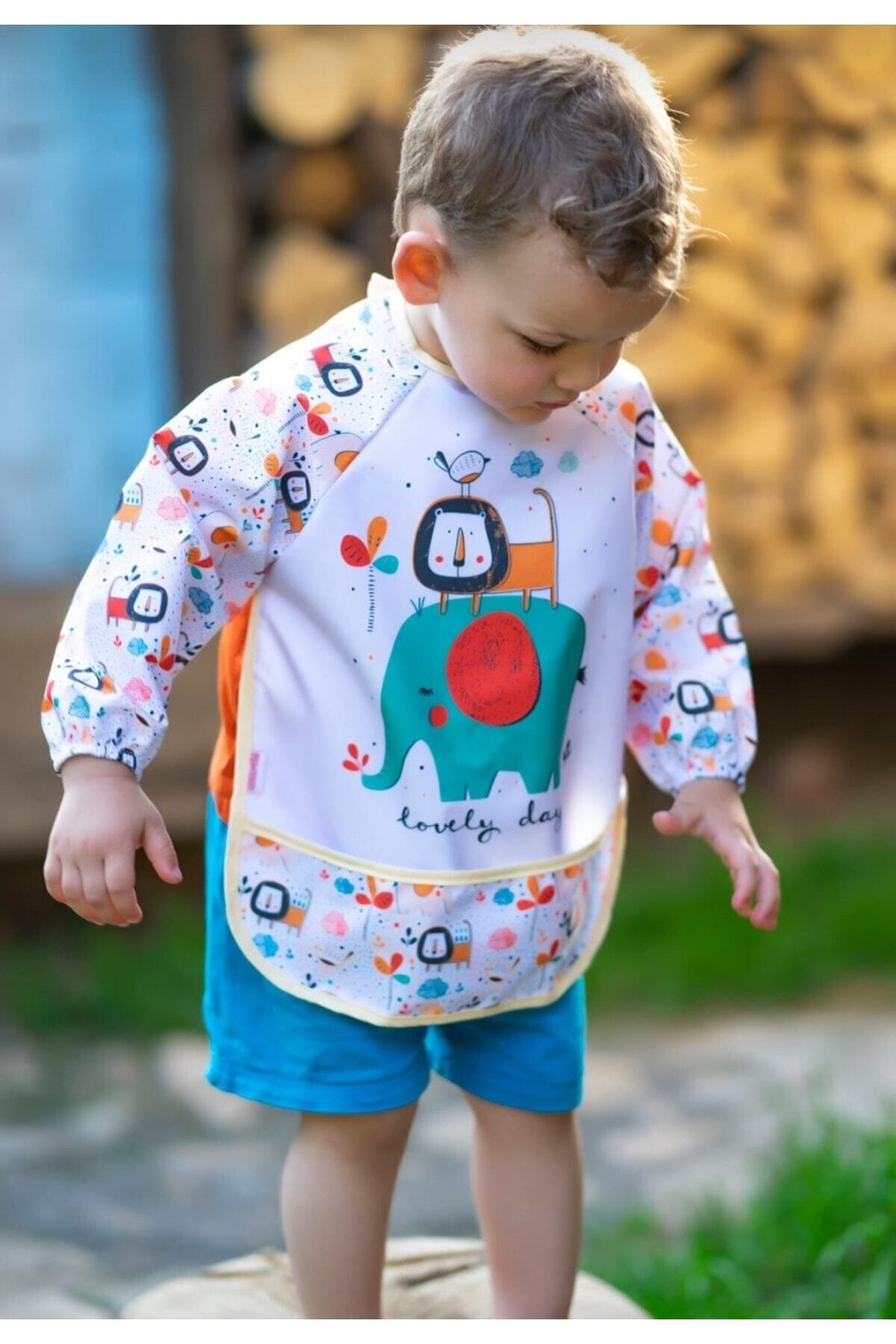 Zürafa Ve Aslan Desen Kollu Bebek Mama Ve Etkinlik Önlüğü