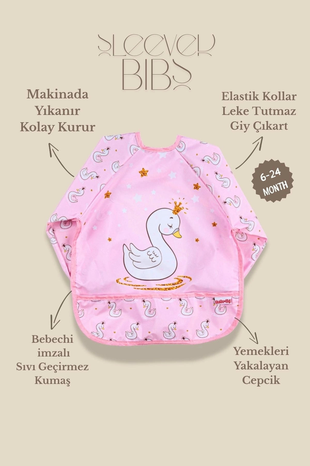 2'Li Uzun Kollu Giyilebilir Sevimli Fil-Kuğu Desen Sıvı Geçirmez Aktivite ve Mama Önlüğü 6-24 AY