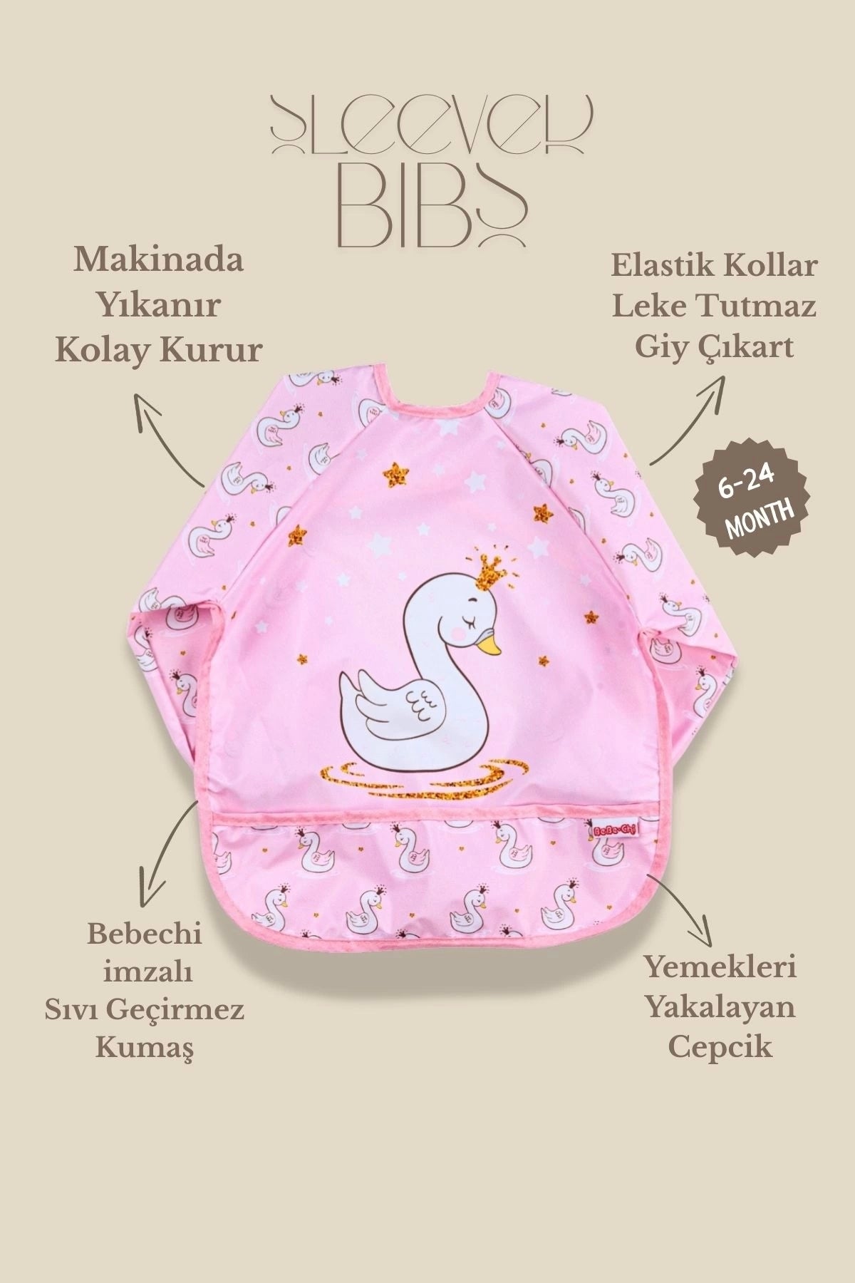 2'Li Uzun Kollu Giyilebilir Sevimli Fil-Kuğu Desen Sıvı Geçirmez Aktivite ve Mama Önlüğü 6-24 AY