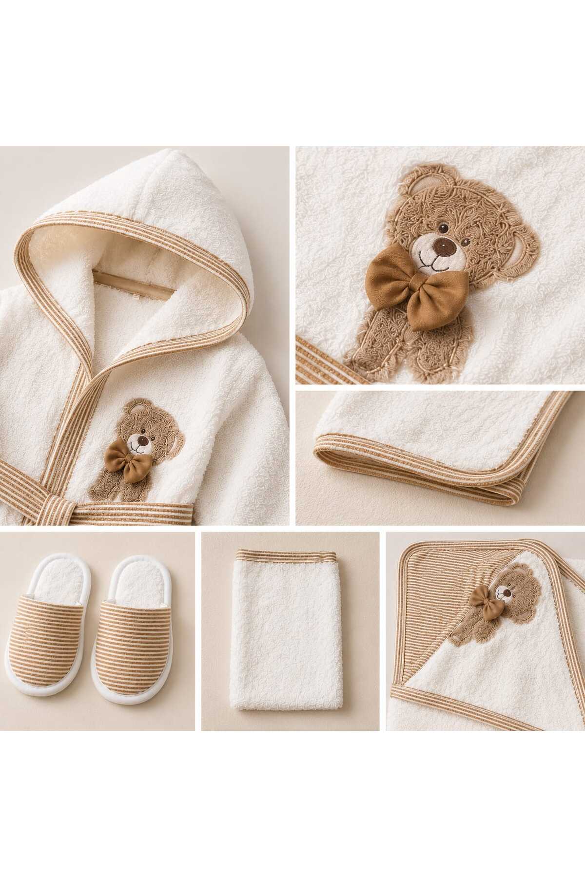 Unisex Bebek Bornoz Seti %100 Pamuk Nakışlı Yenidoğan Banyo Havlu Seti 0-2 YAŞ KUTULU HEDİYELİK