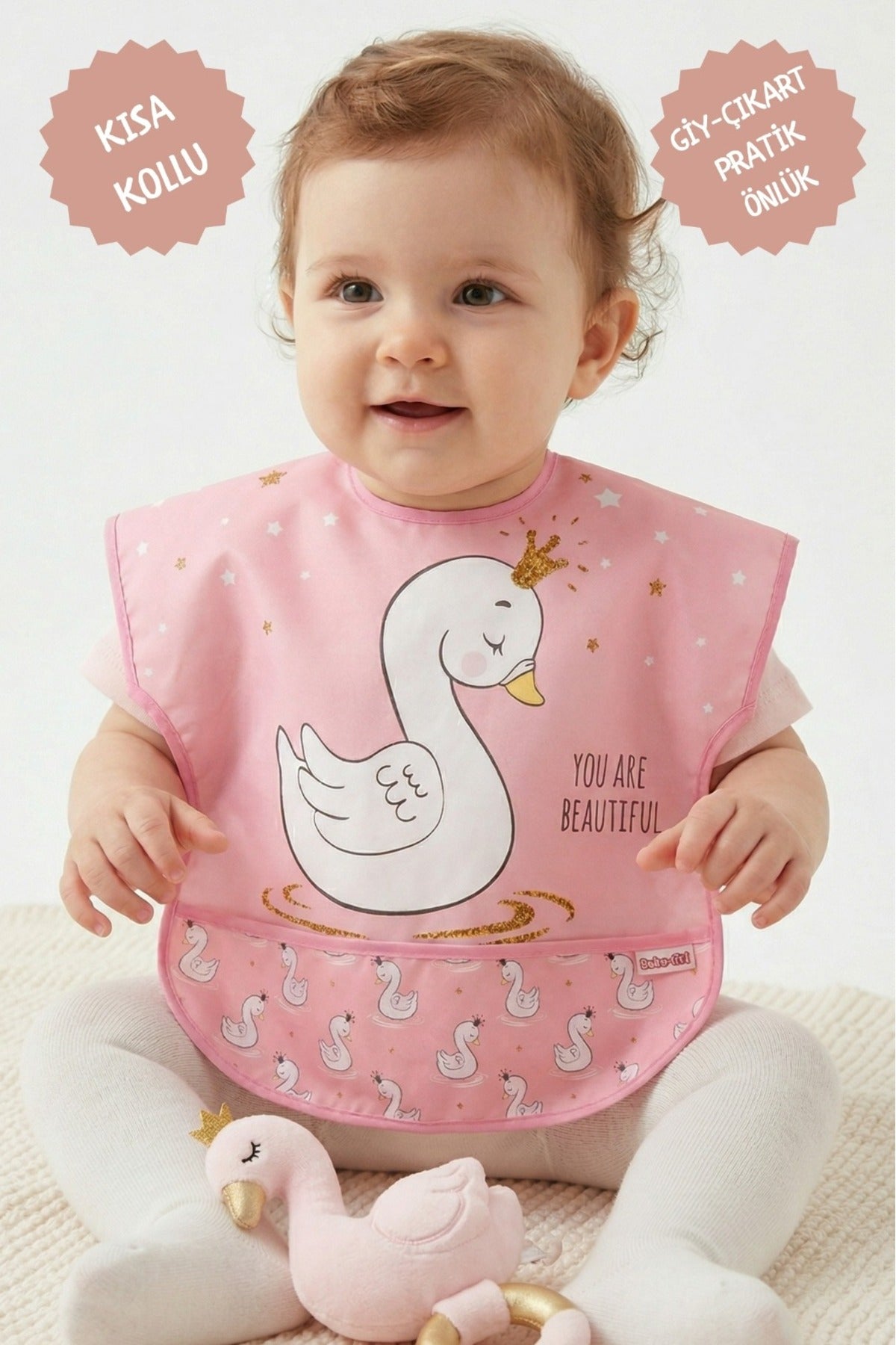 Su Geçirmez Bebek Mama Önlüğü 2’li Set – Kısa Kollu, Yıkanabilir, 6-24 Ay (Sevimli Kuğu&Fil)