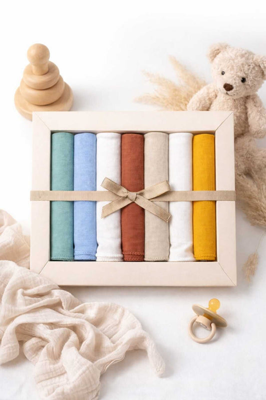 7’li Erkek Bebek Pamuklu Penye Ağız Mendili Seti – %100 Pamuk Organik Kumaş Yenidoğan – Soft Renk