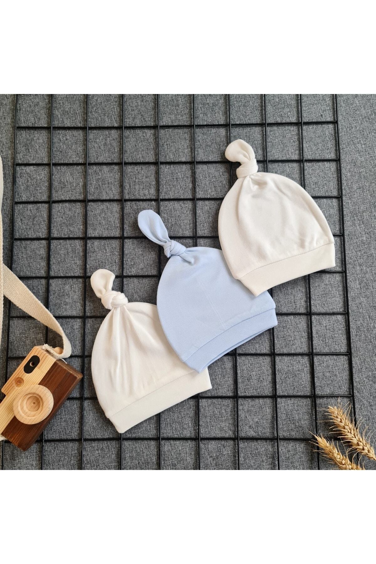 % Pamuklu Yenidoğan Penye Bebek Şapka 3'lü Set