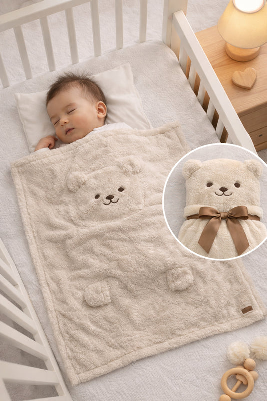 Ayıcık Figürlü Peluş Bebek Battaniyesi 90x100 cm – Yumuşak Bebek Battaniyesi