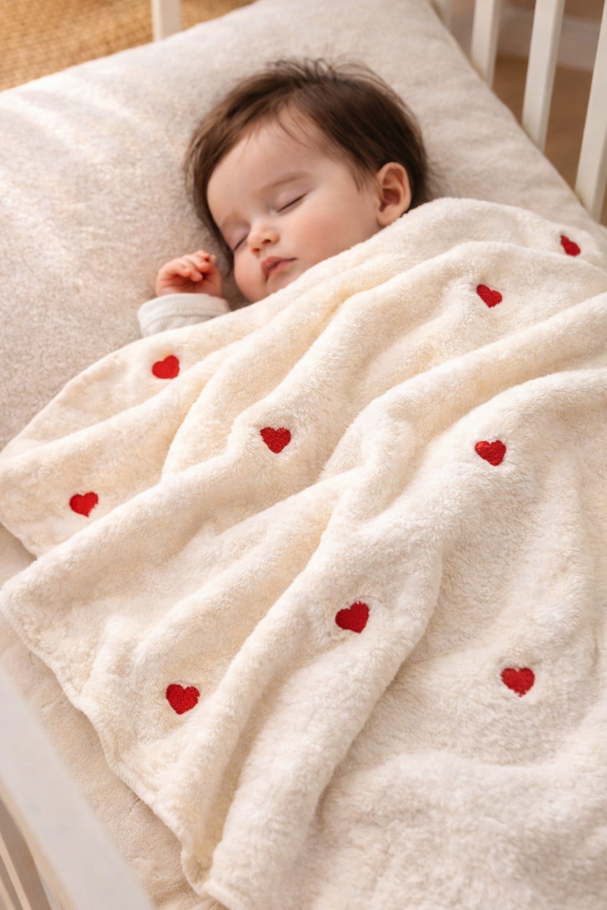 Kalp Nakışlı Peluş Bebek Battaniyesi 90×100 cm –  Yumuşak Doku