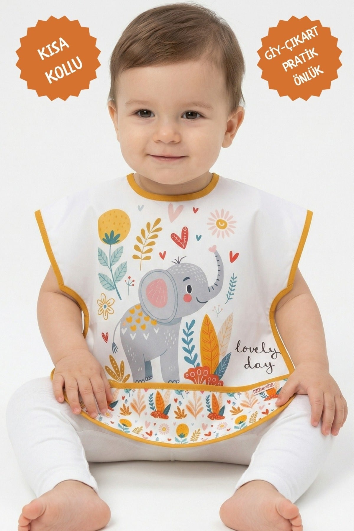 Su Geçirmez Bebek Mama Önlüğü 2’li Set – Kısa Kollu, Yıkanabilir, 6-24 Ay (Sevimli Kuğu&Fil)