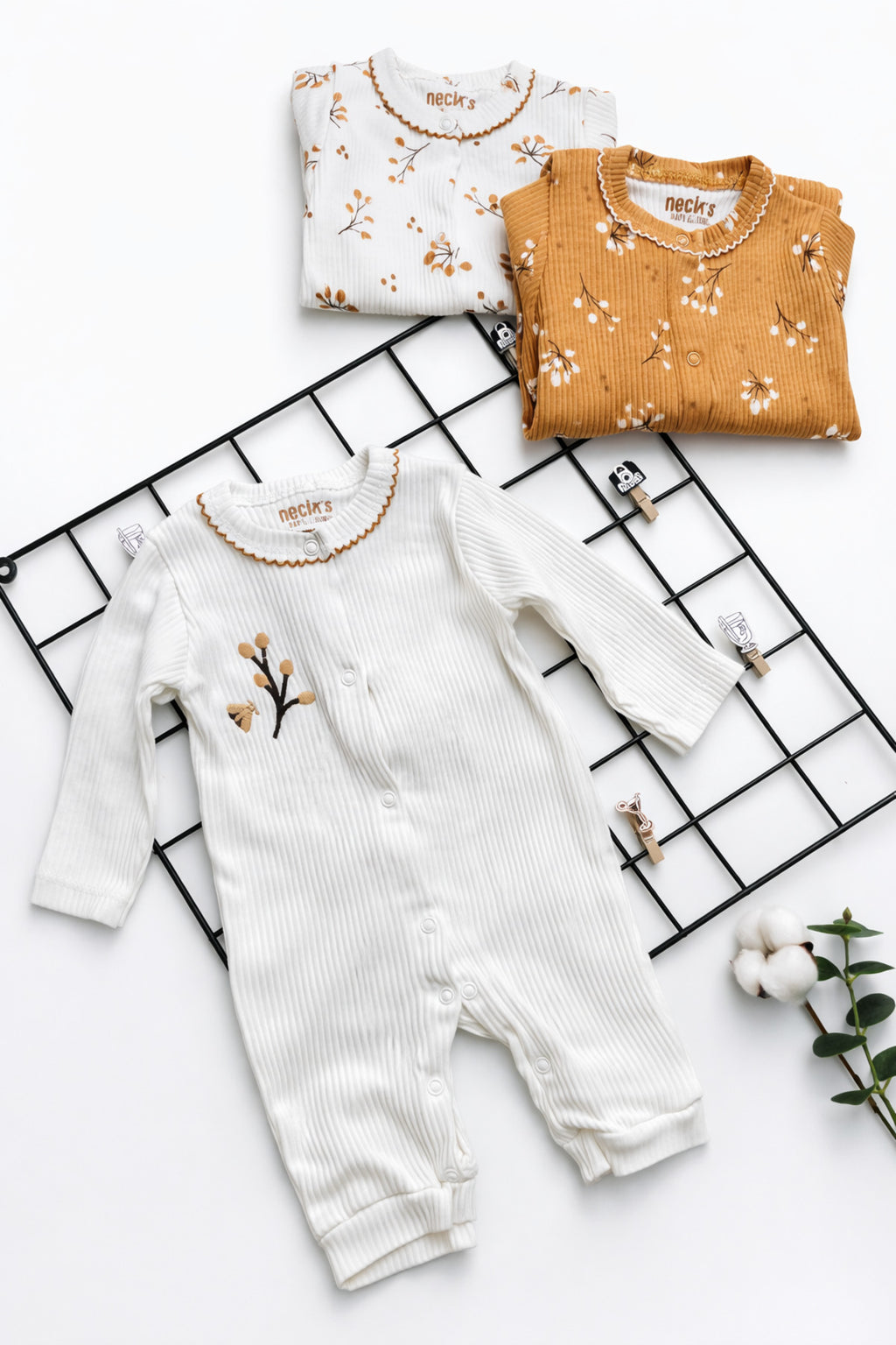 Bebek Ribanalı Çıtçıtlı Tulum 3’lü Set – Uzun Kollu Pamuklu Yenidoğan Bebek Tulum Takımı