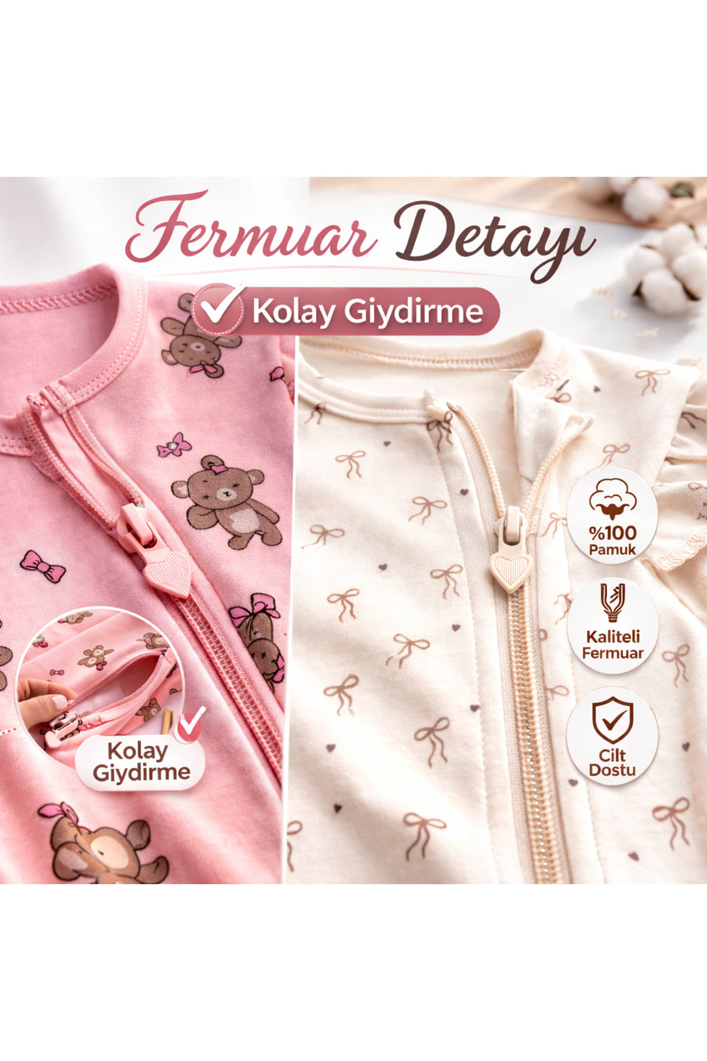 Fiyonk & Ayıcık Desenli Kız Bebek Tulum Seti – %100 Pamuk, Fermuarlı, Yenidoğan
