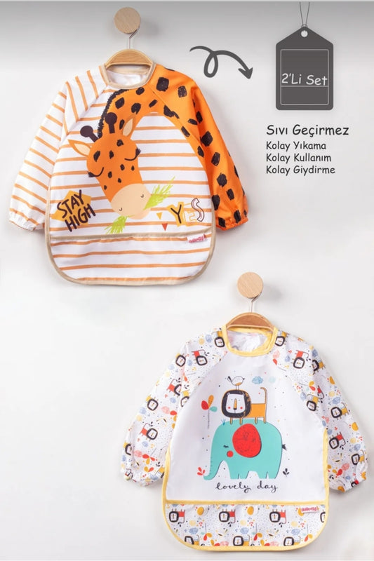 Zürafa Ve Aslan Desen Kollu Bebek Mama Ve Etkinlik Önlüğü