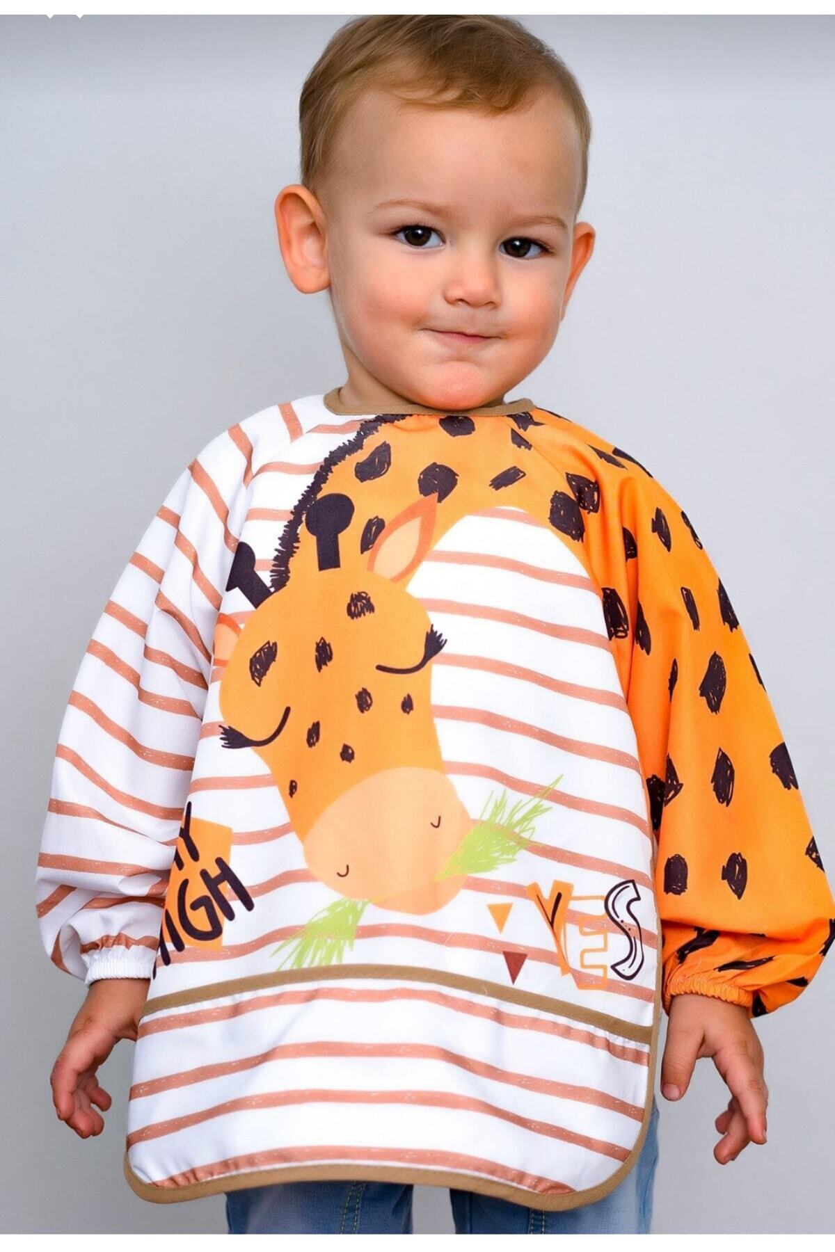 Zürafa Desenli Uzun Kollu Unisex Bebek Mama Önlüğü