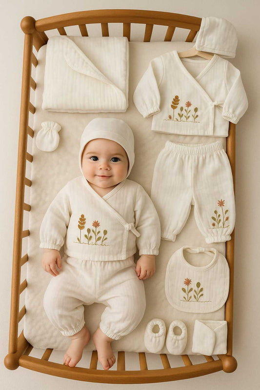 Yenidoğan Kız Bebek 10'lu Nakış Detaylı Hastane Çıkışı Organik Doğal Müslin Kumaş( Kutulu Hediyelik)