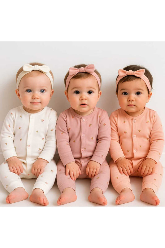 3’lü Kız Bebek Çiçekli Lale Desen Tulum Seti – Patiksiz