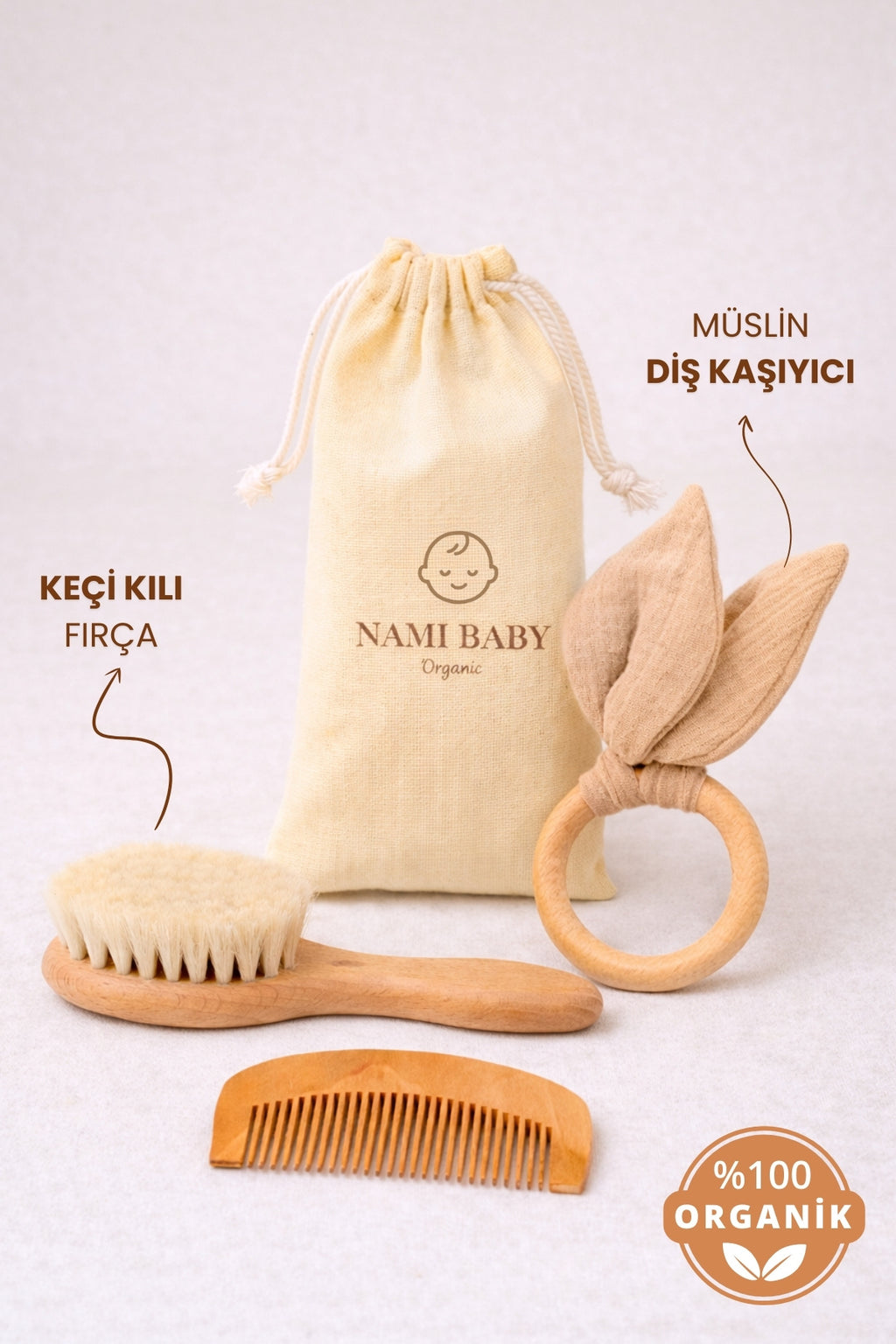 Keçi Kılı Bebek Saç Fırçası Seti | Diş Kaşıyıcılı 4’lü Bebek Bakım Seti - Keçi Kılı Fırça