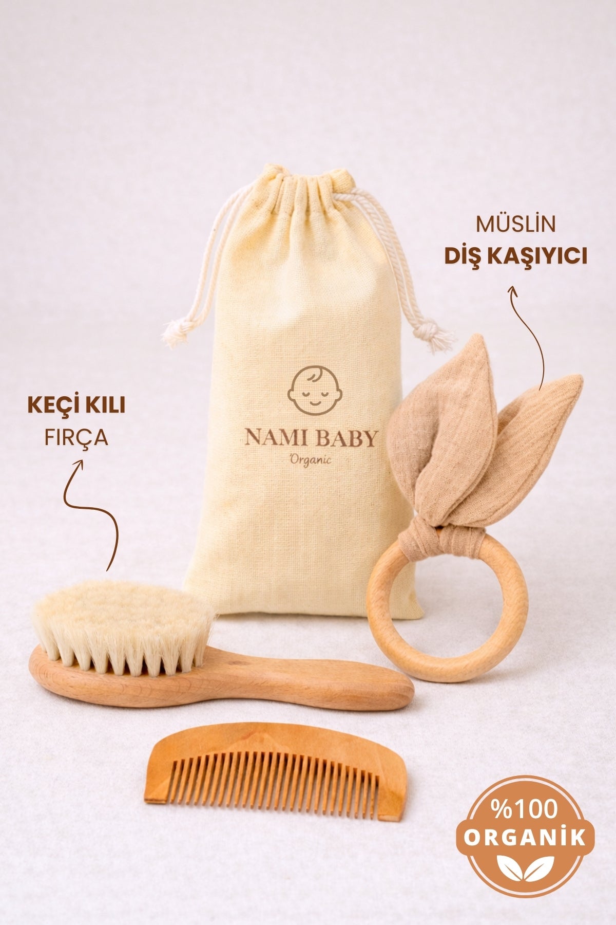 Keçi Kılı Bebek Saç Fırçası Seti | Diş Kaşıyıcılı 4’lü Bebek Bakım Seti - Keçi Kılı Fırça