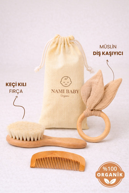 Keçi Kılı Bebek Saç Fırçası Seti | Diş Kaşıyıcılı 4’lü Bebek Bakım Seti - Keçi Kılı Fırça