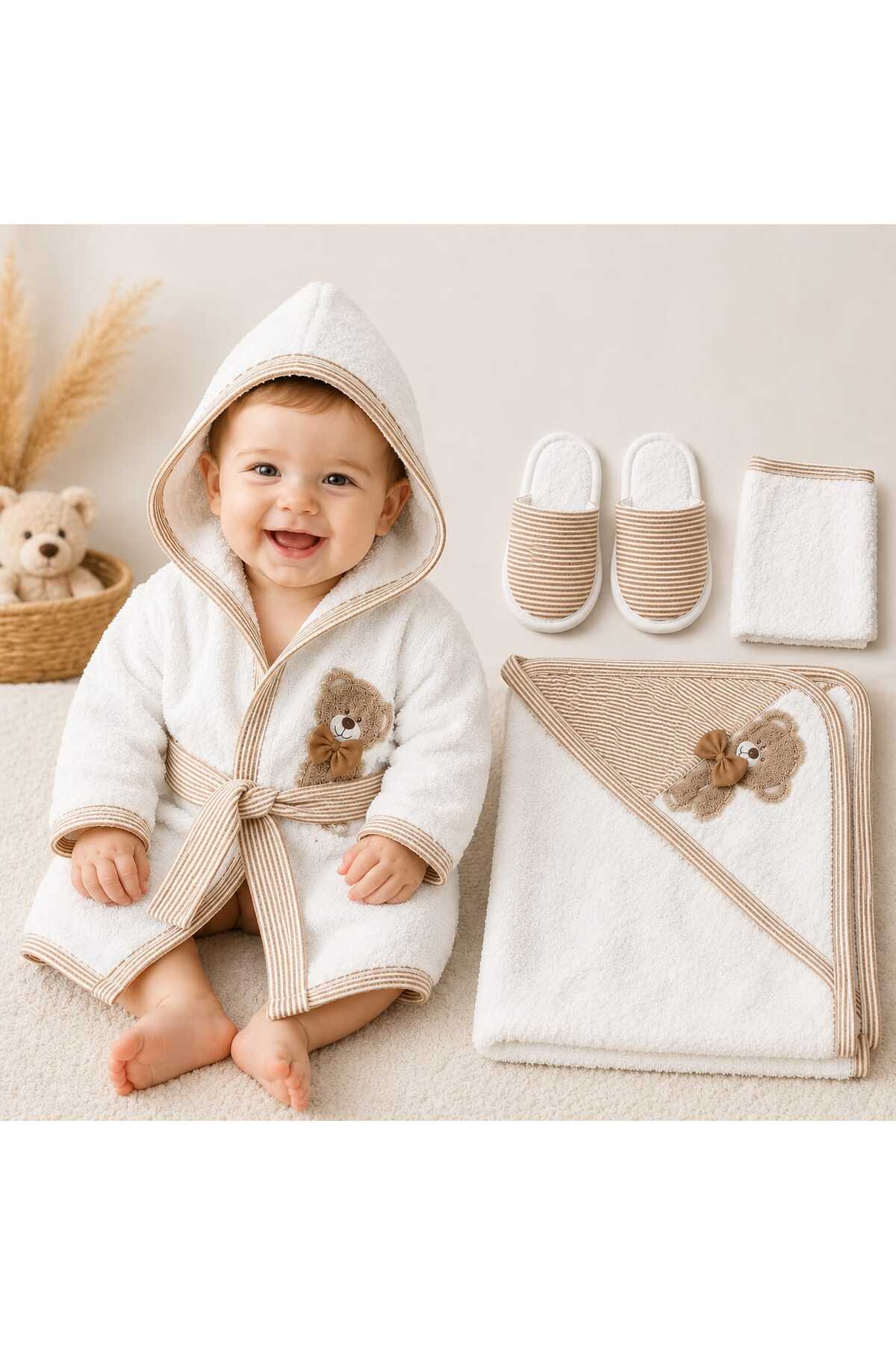 Unisex Bebek Bornoz Seti %100 Pamuk Nakışlı Yenidoğan Banyo Havlu Seti 0-2 YAŞ KUTULU HEDİYELİK