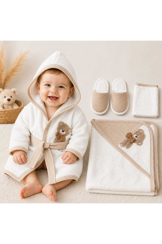 Unisex Bebek Bornoz Seti %100 Pamuk Nakışlı Yenidoğan Banyo Havlu Seti 0-2 YAŞ KUTULU HEDİYELİK
