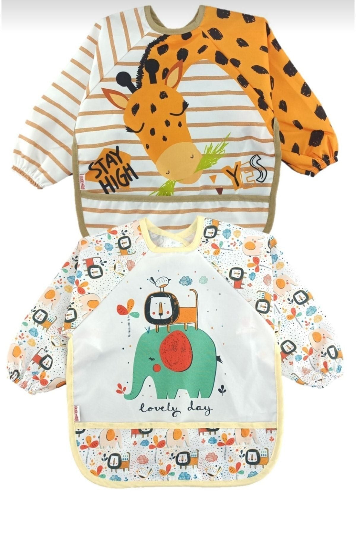 Zürafa Ve Aslan Desen Kollu Bebek Mama Ve Etkinlik Önlüğü