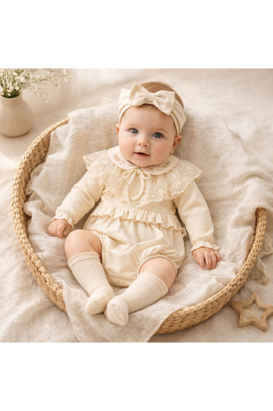 Luxury Soft Çıkarılabilir Dantelli Yaka Romper – Kız Bebek Tulum, %100 Pamuk