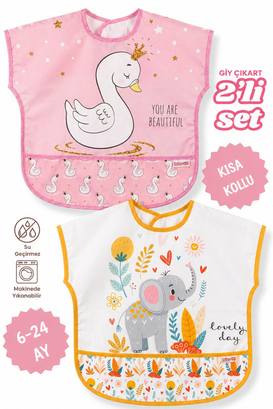 Su Geçirmez Bebek Mama Önlüğü 2’li Set – Kısa Kollu, Yıkanabilir, 6-24 Ay (Sevimli Kuğu&Fil)