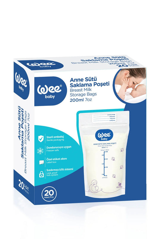 Wee Baby Anne Sütü Saklama Poşeti 200 ml 20 Adet – Sızdırmaz Kilitli, Dondurucuya Uygun