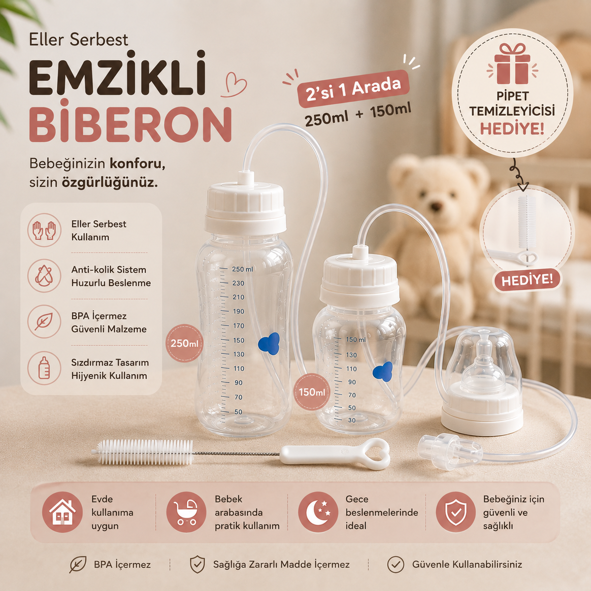 Eller Serbest Emzikli Biberon 2’li Set | 250 ml + 150 ml