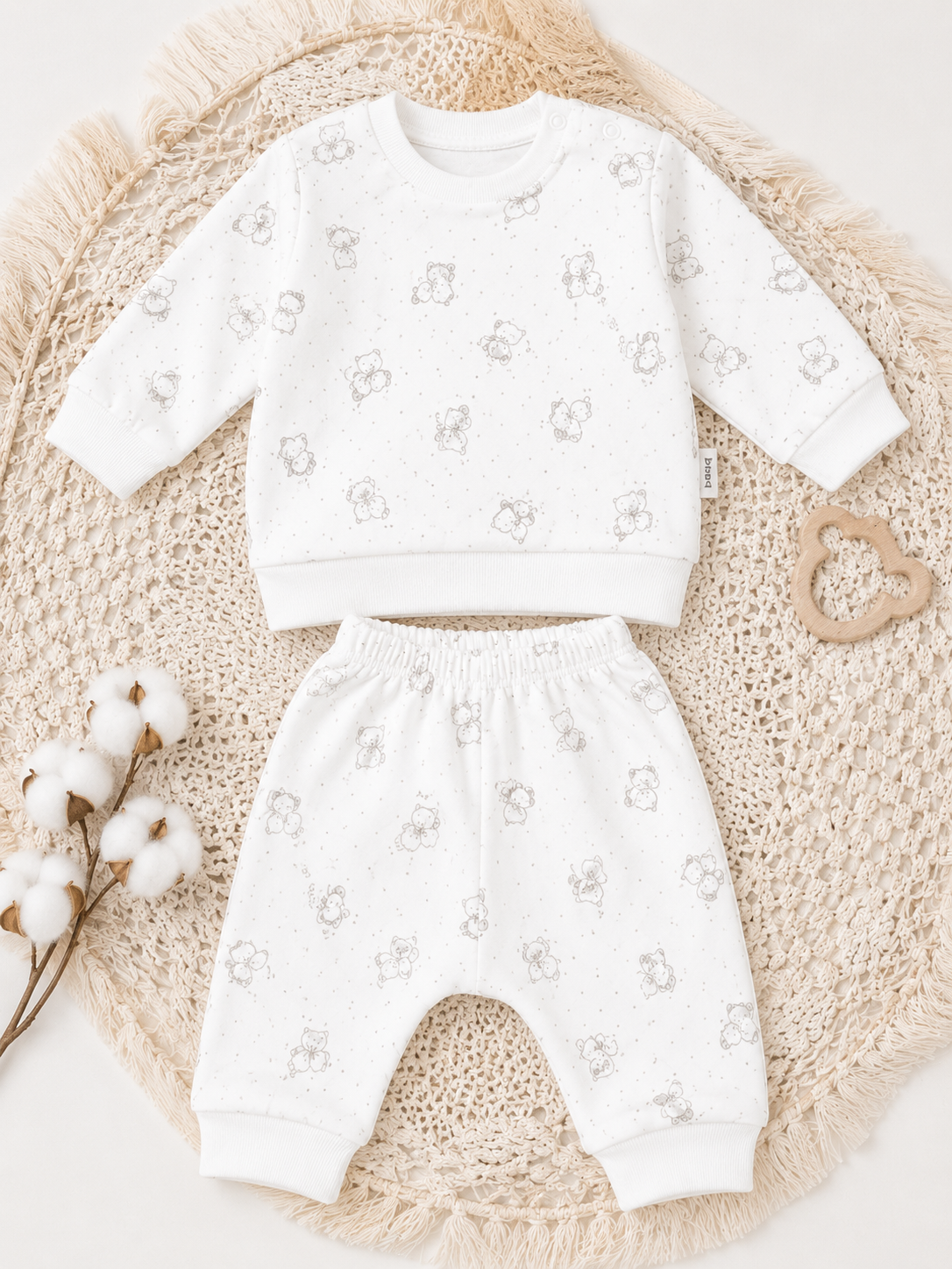 Ekru Ayıcık Desenli Bebek Takımı Uzun Kollu Üst ve Pantolon Pijama Takımı
