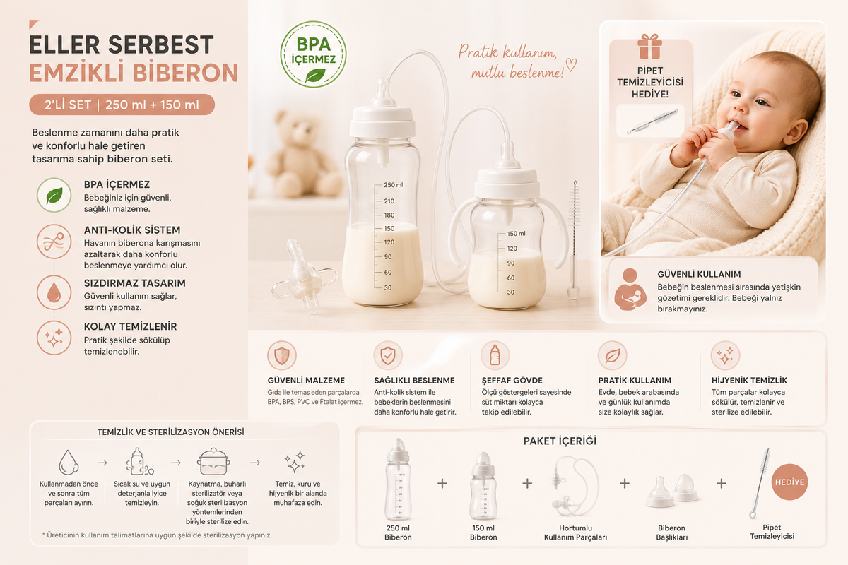Eller Serbest Emzikli Biberon 2’li Set | 250 ml + 150 ml