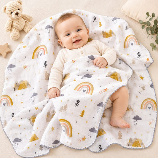 Gökkuşağı Desenli Müslin Bebek Örtüsü – %100 Pamuk Çok Amaçlı Bebek Battaniyesi