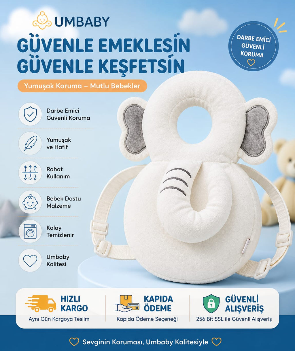 Bebek Kafa Koruyucu Yastık | Fil Tasarımlı Darbe Emici Emekleme ve İlk Adım Koruma Sırt Yastığı