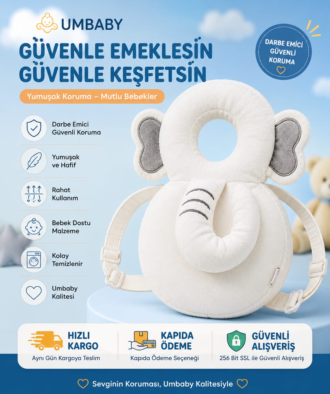 Bebek Kafa Koruyucu Yastık | Fil Tasarımlı Darbe Emici Emekleme ve İlk Adım Koruma Sırt Yastığı