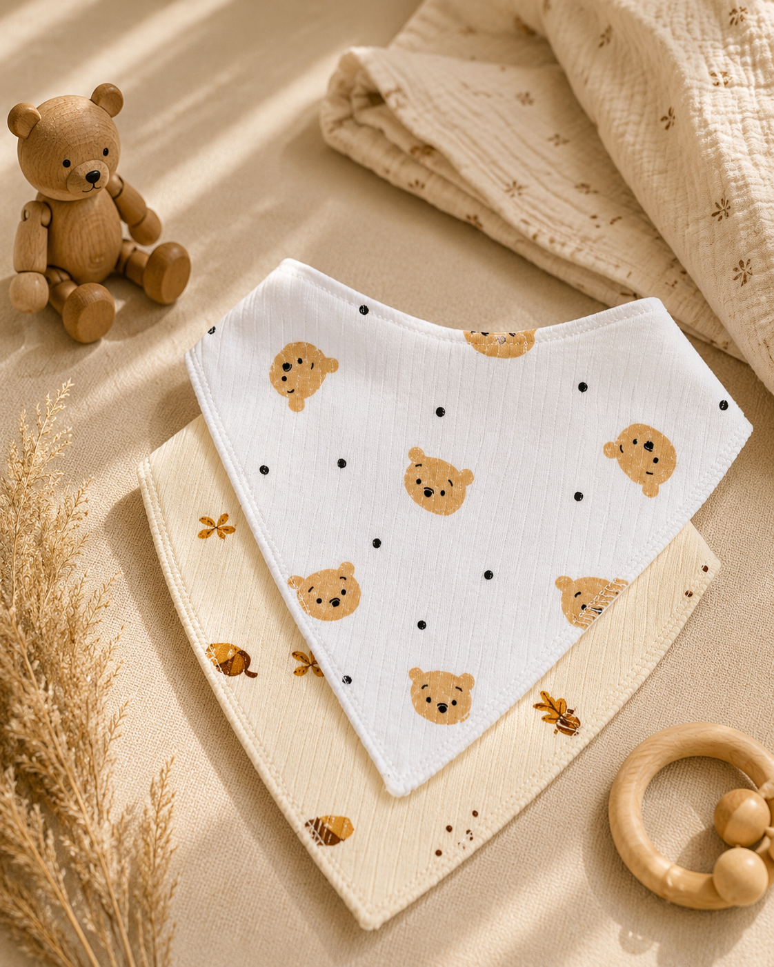 2'li Bebek Önlük Seti – Yumuşak Penye Desenli Fular- Mama Önlüğü