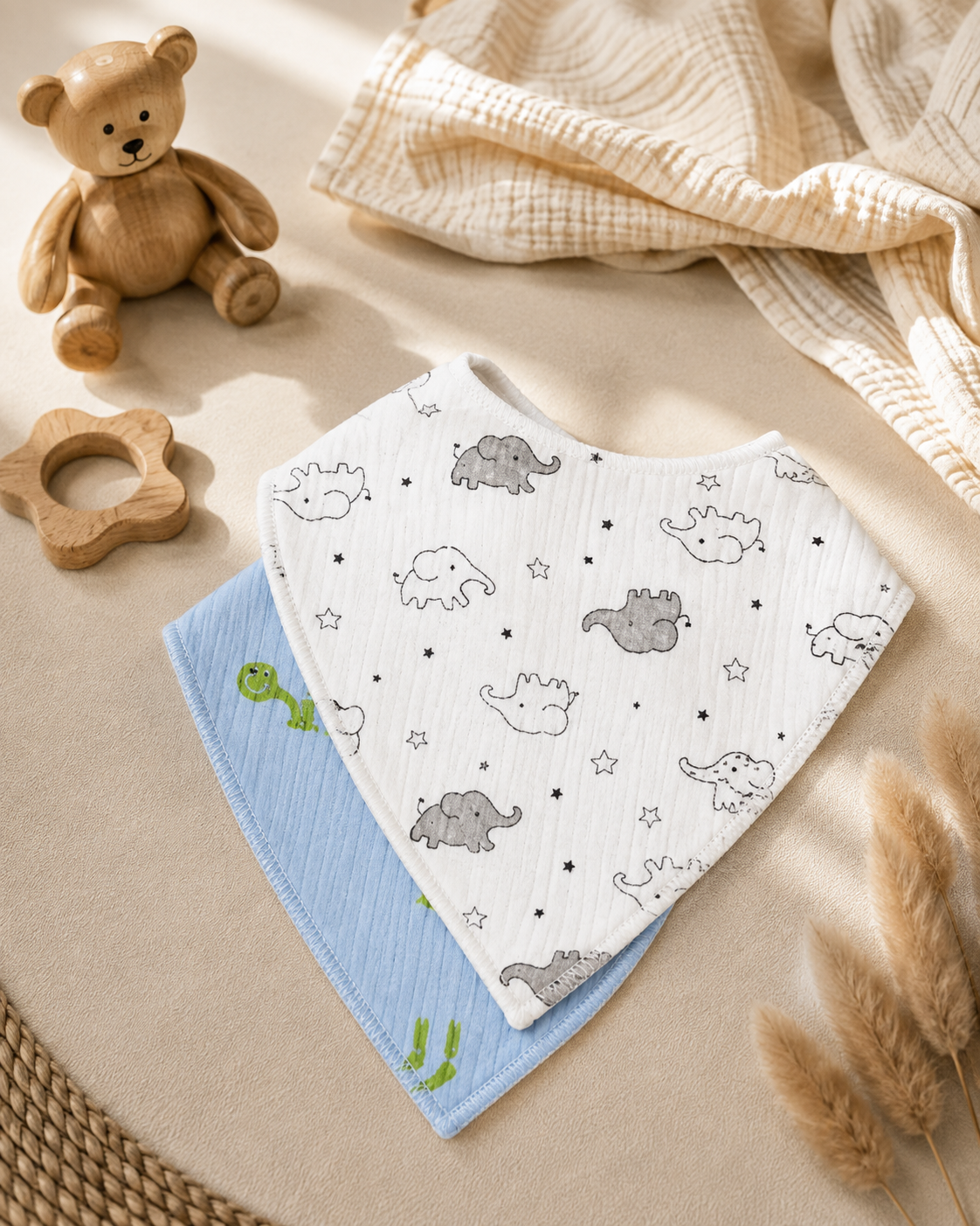 2'li Bebek Önlük Seti – Yumuşak Penye Desenli Fular- Mama Önlüğü