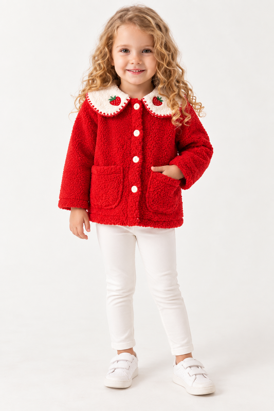 Çilek Yakalı Peluş Kaban Kırmızı çocuk model